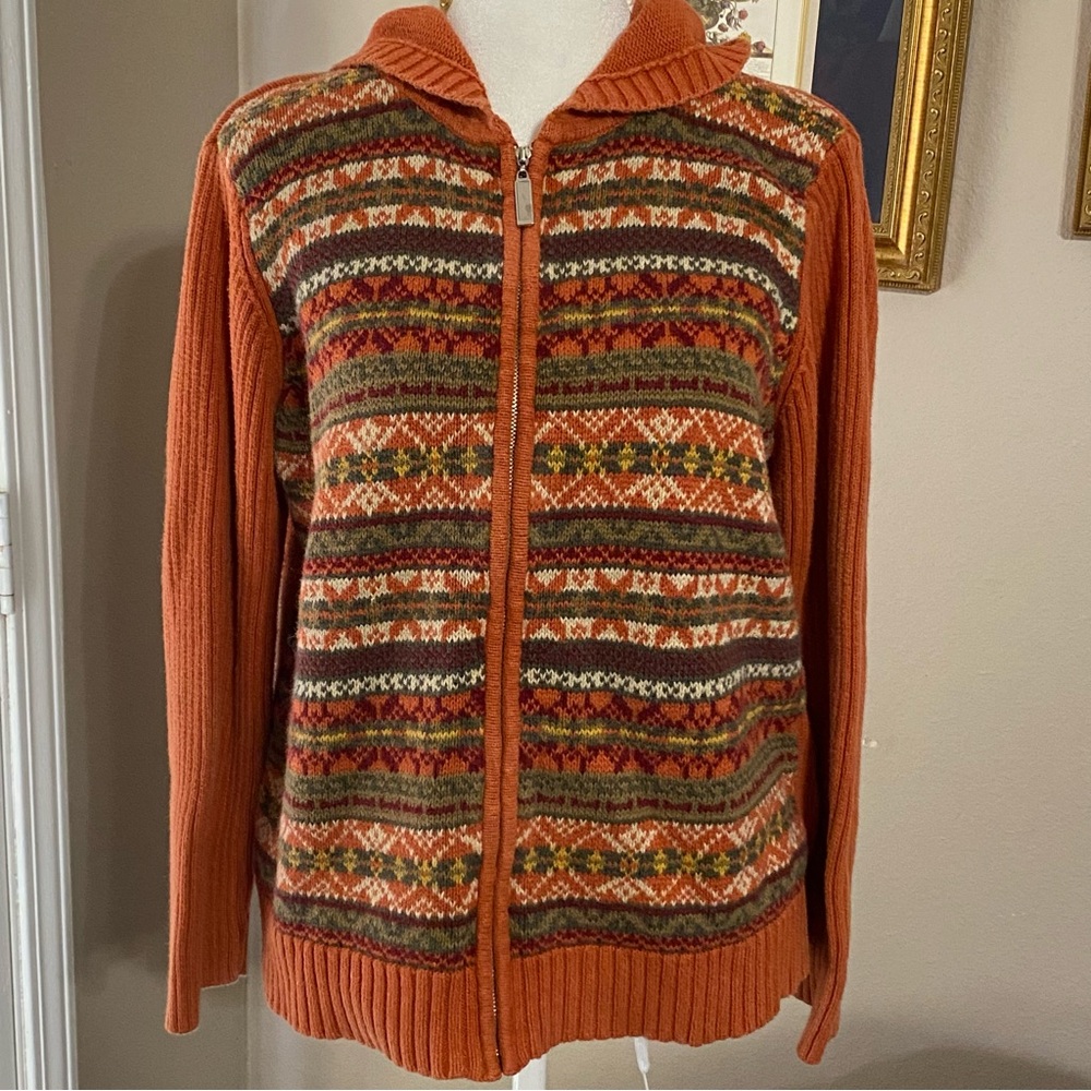 Casual Corner Annex Womens Petite Large Zip Hoodie Sweater Fair Isle Rust Orange